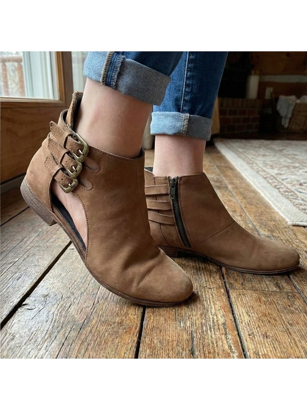 WOLVERINE Genuine Nubuck Leather Open Bootie Inside Zippers in Cognac Sz 7B